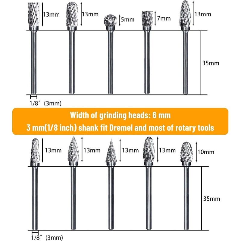 Set de 10 fraises en carbure de tungstène pour Dremel - Queue 3 mm, tête abrasive 6 mm - Idéales pour le bois, la sculpture sur pierre et