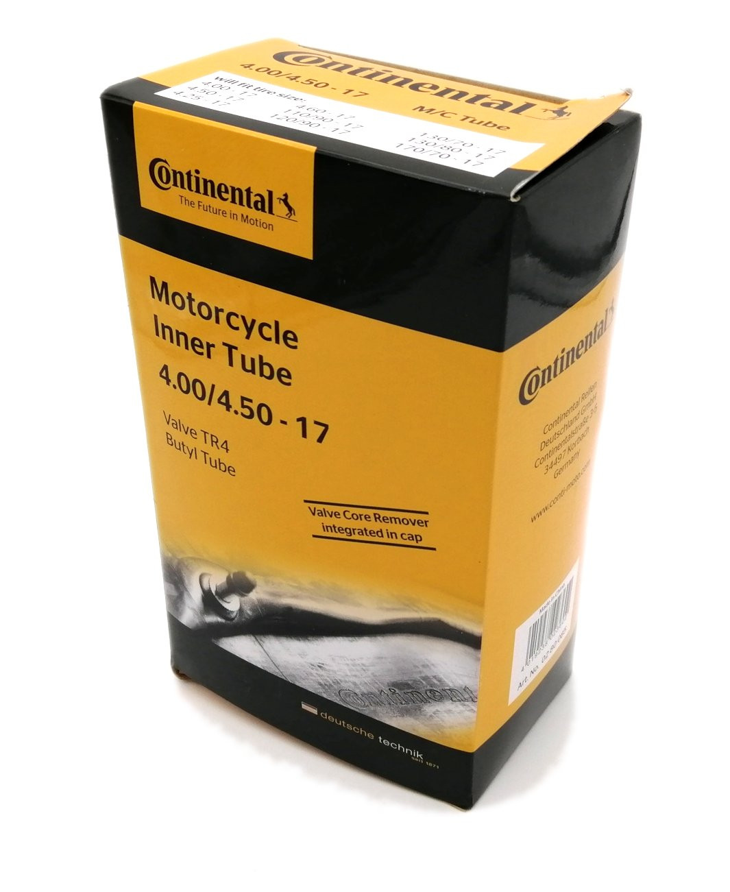 CHAMBRE AIR MOTO 17 " 4.00-4.50X17 -110 / 120 / 70X17-110 / 80X17 CONTINENTAL (VALVE TR4 DROITE)