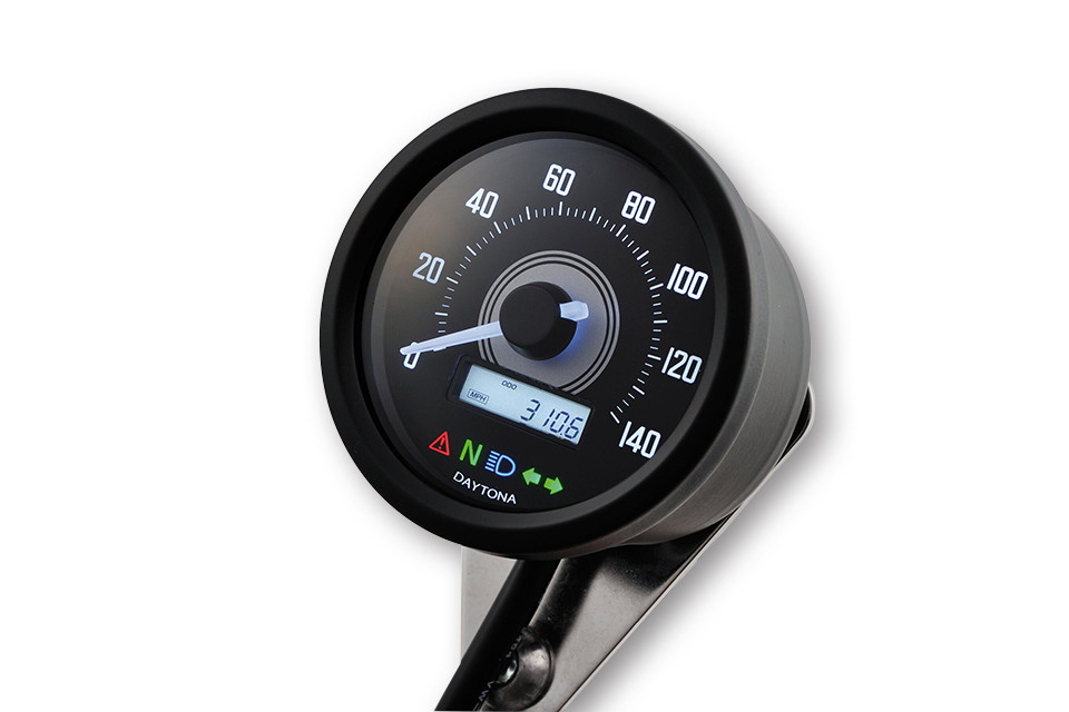 DAYTONA Digital compteur vitesse, VELONA 2, noir case, rond D. 60 mm, up to 140 km/ h, avec support