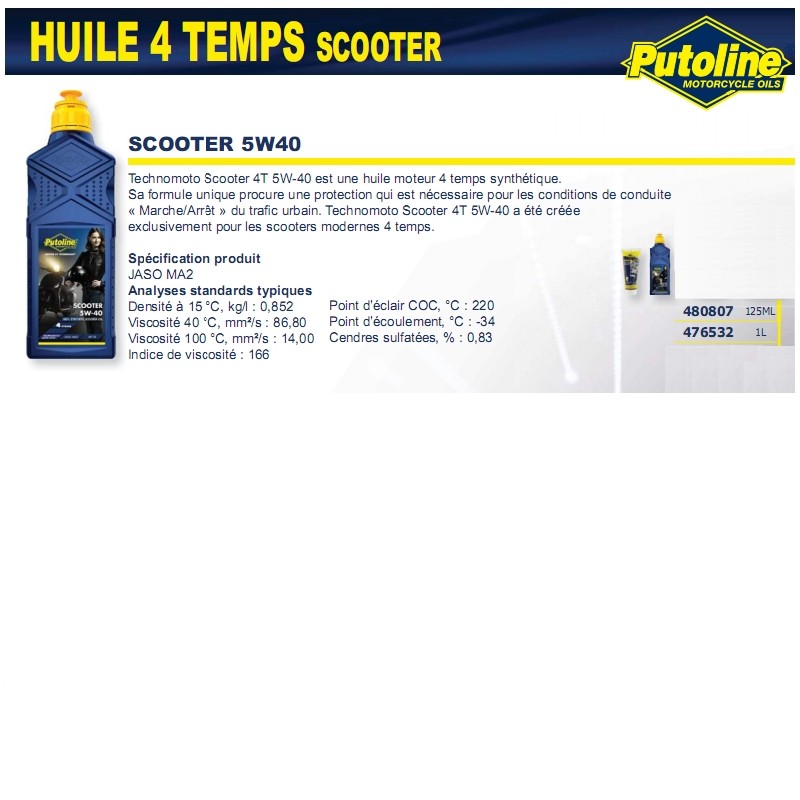 Huile 4 Temps scooter 4T+5W40 , synthétique, 125ML PUTOLINE